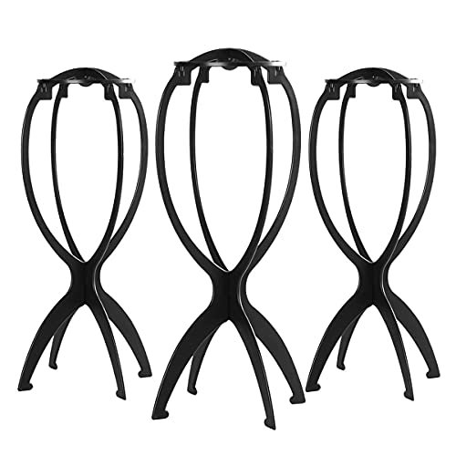 Wig Stand, 3 Pack Collapsible Wig Head Stand for Short Wigs & Display - Black