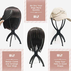 Wig Stand, 3 Pack Collapsible Wig Head Stand for Short Wigs & Display - Black