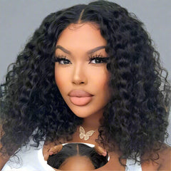 Wear and Go Glueless Wigs Human Hair – Pre-Plucked 4x4 Lace Front Water Wave Bob Wig, 180% Density, 14 Inch, Curly Wig for Black Women