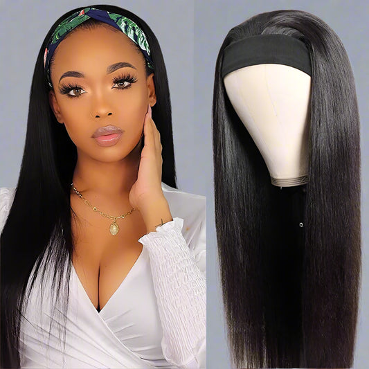 18" Straight Headband Wig – 100% Brazilian Virgin Human Hair, Glueless, No Lace, 150% Density, Natural Black