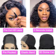 Wear and Go Glueless Wigs Human Hair – Pre-Plucked 4x4 Lace Front Water Wave Bob Wig, 180% Density, 14 Inch, Curly Wig for Black Women