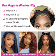 Wear and Go Glueless Wigs Human Hair – Pre-Plucked 4x4 Lace Front Water Wave Bob Wig, 180% Density, 14 Inch, Curly Wig for Black Women