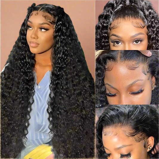 28 Inch 13x6 Deep Wave Lace Front Wig – Pre-Plucked Human Hair, 200% Density, HD Transparent Lace, Glueless Deep Curly Wigs for Women, Natural Black