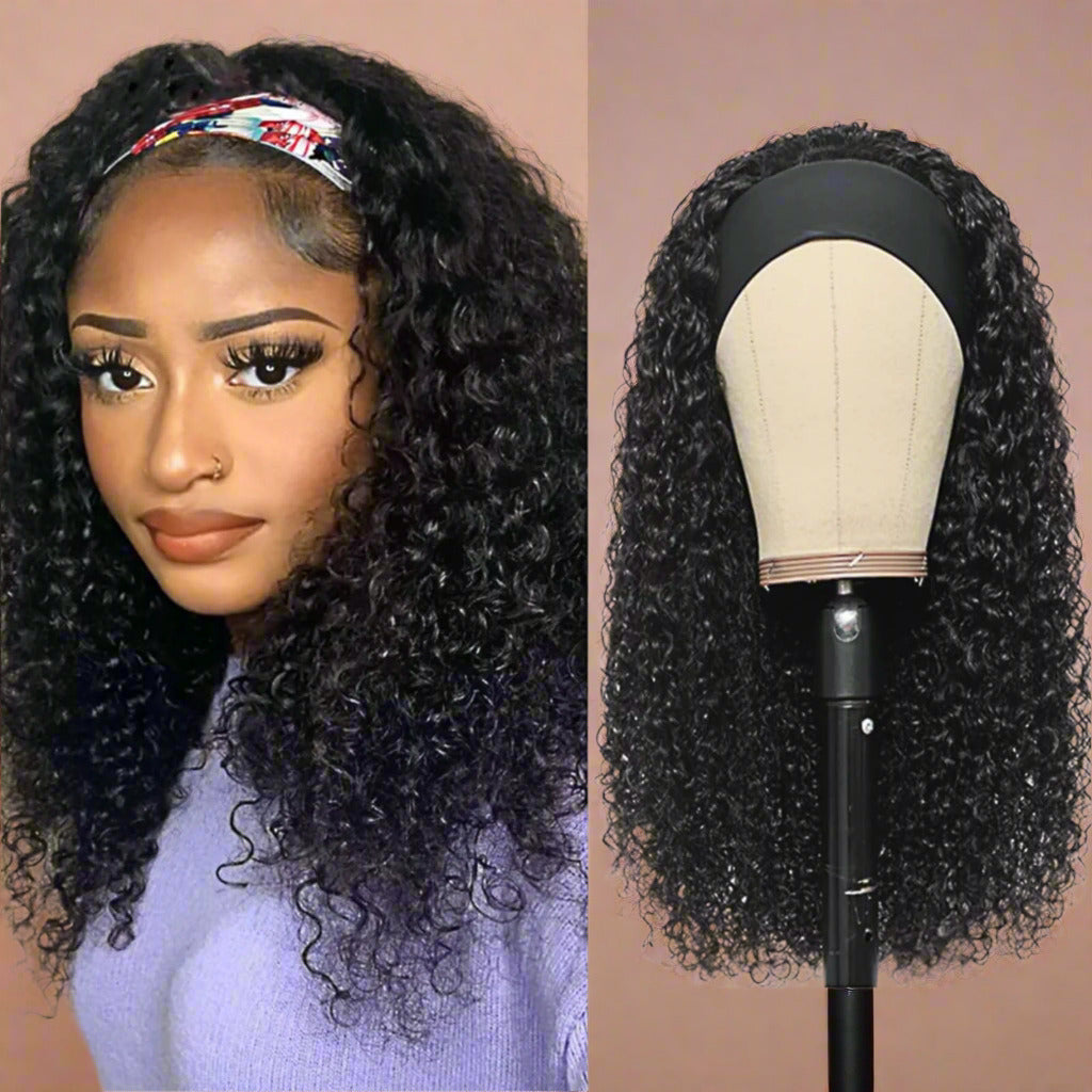 16" Deep Wave Human Hair Headband Wig – Glueless, No Lace, 150% Density, Natural Color – Curly Half Wig for Black Women