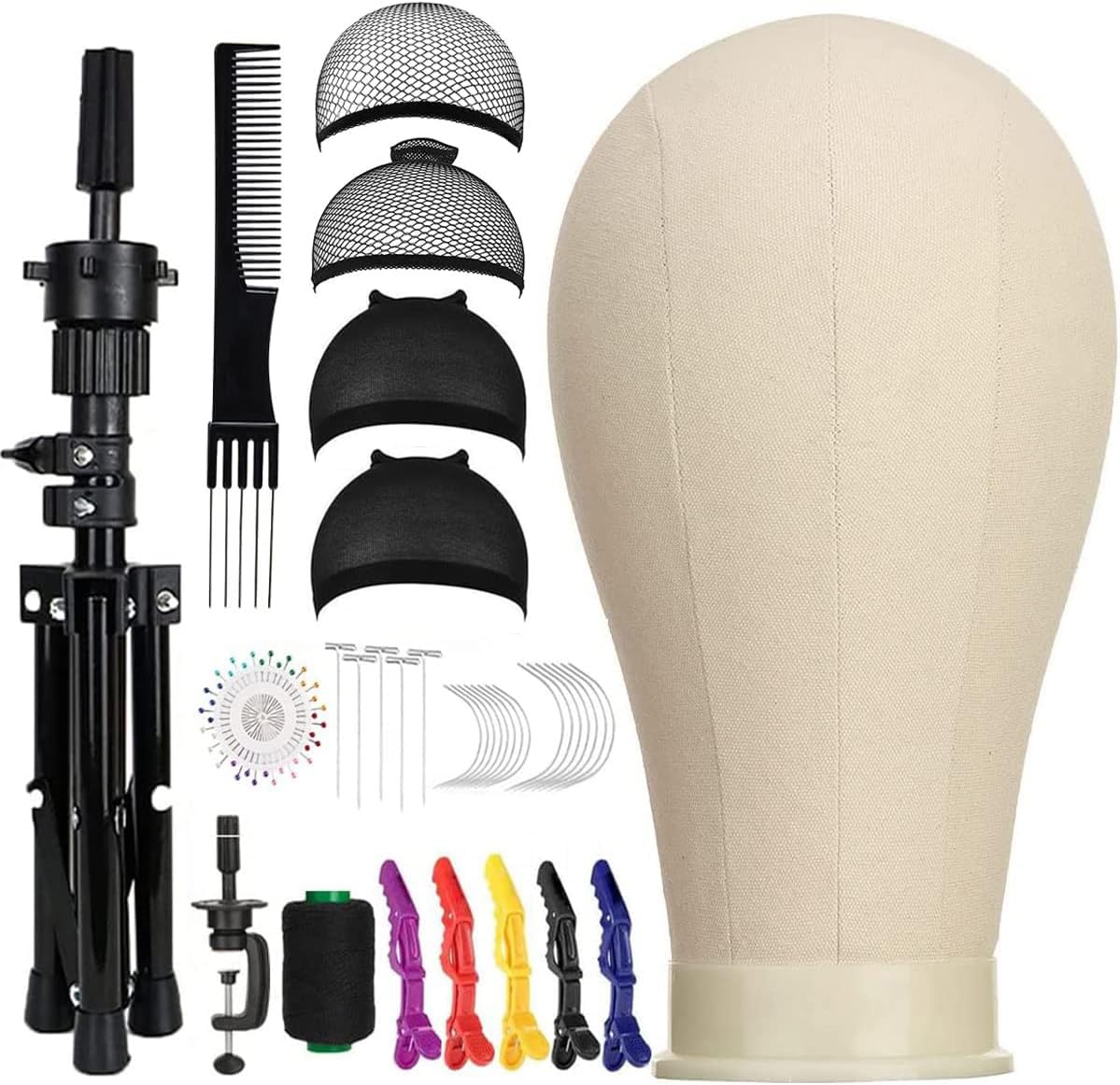 23 Inch Canvas Block Wig Head with Tripod Stand – Complete Wig Making & Display Set (White)