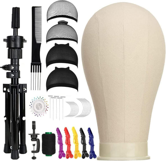 23 Inch Canvas Block Wig Head with Tripod Stand – Complete Wig Making & Display Set (White)