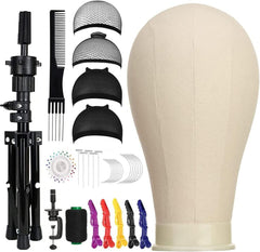 23 Inch Canvas Block Wig Head with Tripod Stand – Complete Wig Making & Display Set (White)