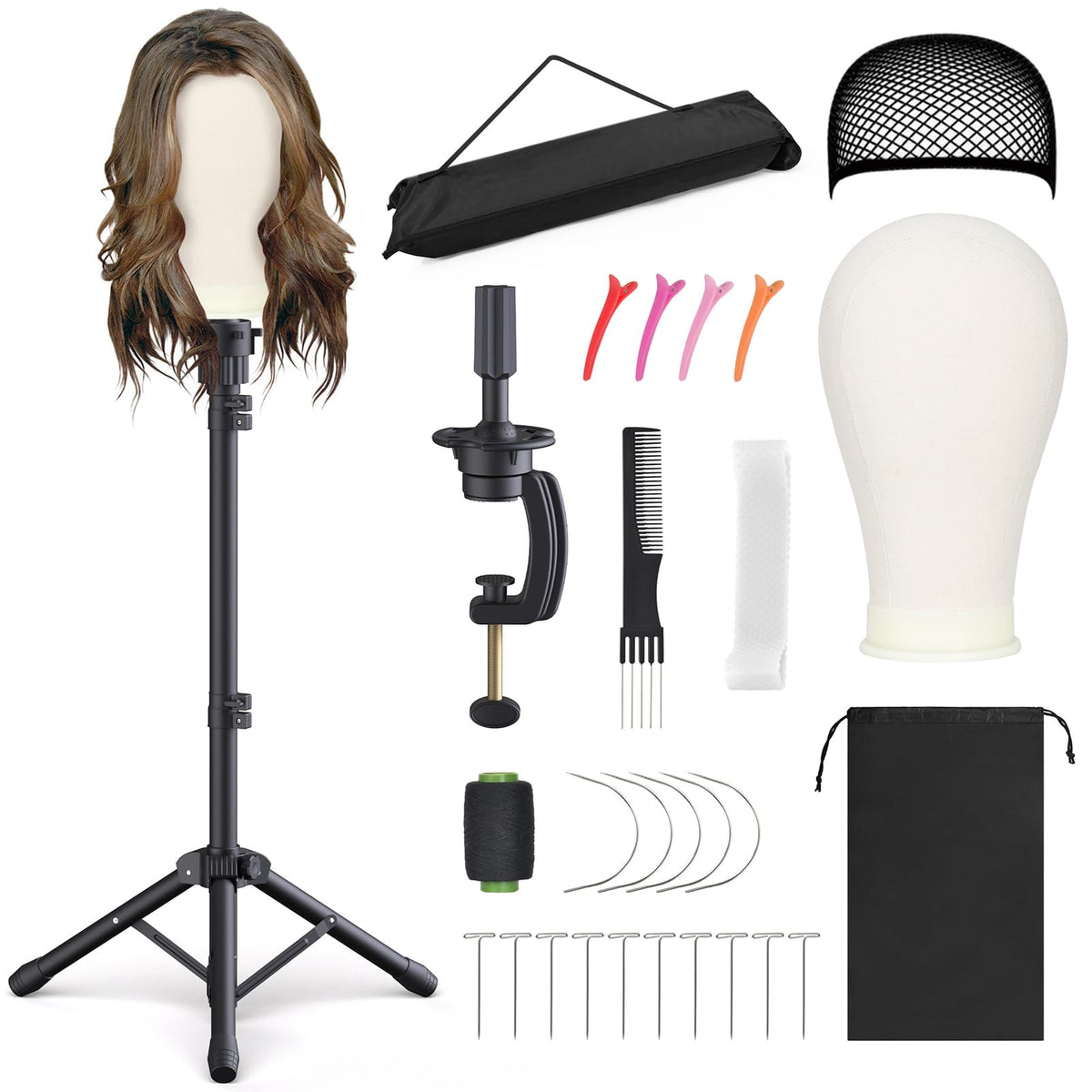 Reinforced Wig Stand with Adjustable Mannequin Head – Complete Wig Head Set for Cosmetology, Styling & Storage (Black)