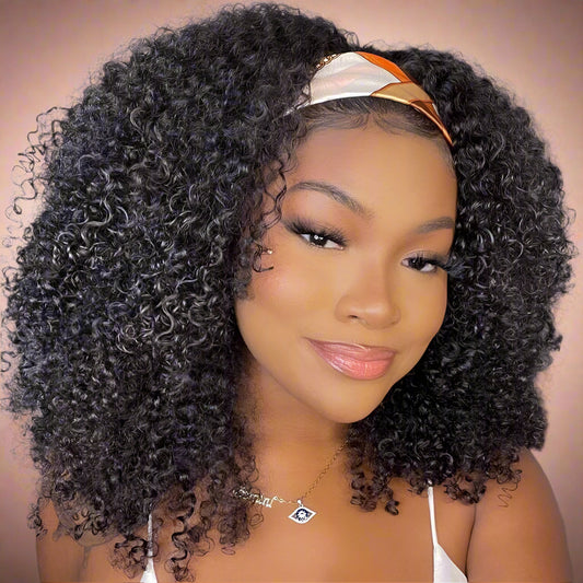 16" Afro Kinky Curly Headband Wig – 100% Brazilian Human Hair, 180% Density, Glueless Natural Curls for Black Women