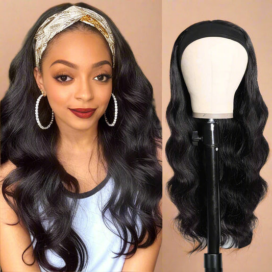 18" Body Wave Headband Wig – 100% Brazilian Virgin Human Hair, Glueless, No Lace, 150% Density, Natural Color