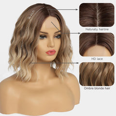 14 Inch Short Ombre Blonde Wavy Wig for Women – Shoulder-Length Curly Bob Wig, Middle Part, Heat-Resistant Synthetic Fiber for Daily & Party Use