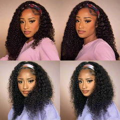 16" Deep Wave Human Hair Headband Wig – Glueless, No Lace, 150% Density, Natural Color – Curly Half Wig for Black Women