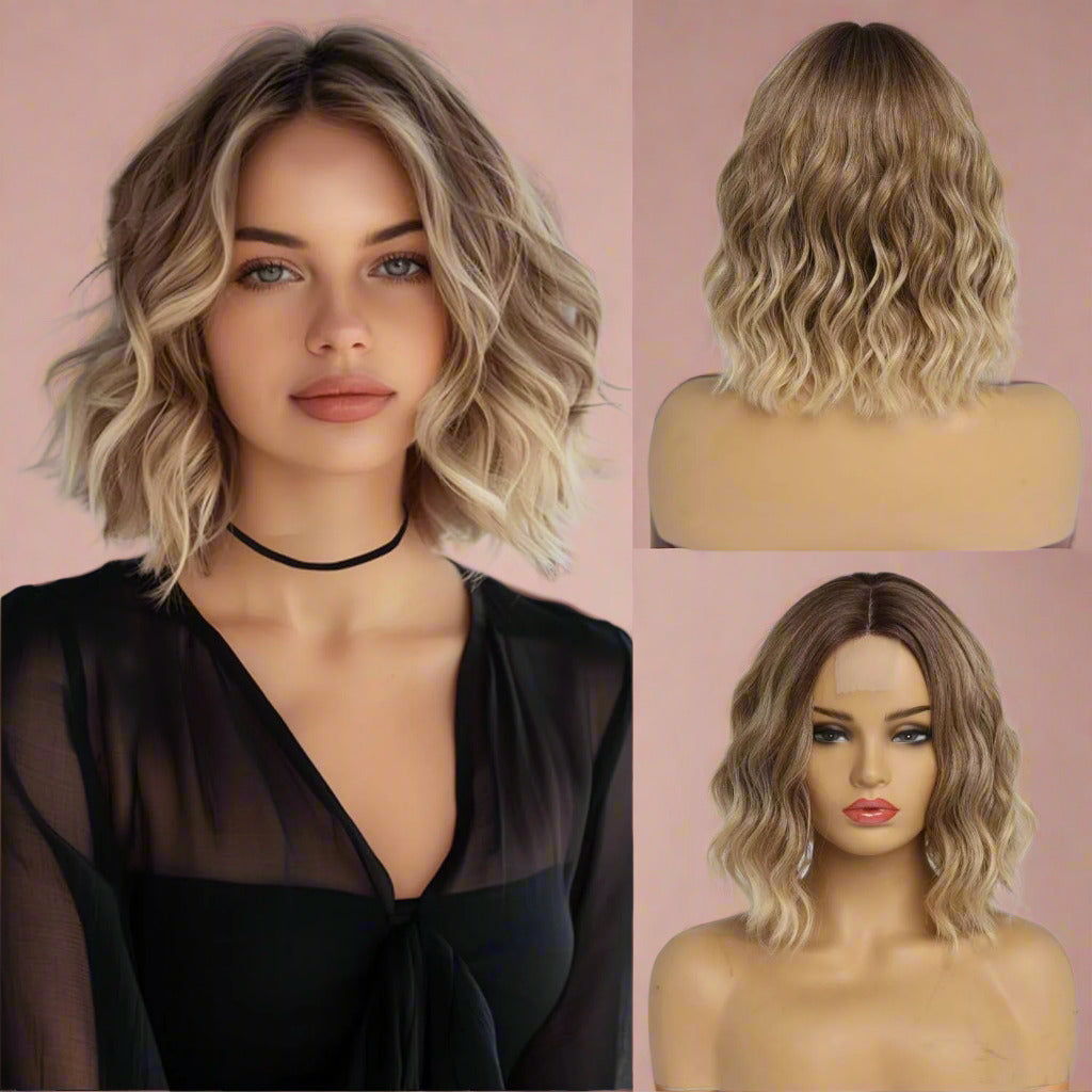 14 Inch Short Ombre Blonde Wavy Wig for Women – Shoulder-Length Curly Bob Wig, Middle Part, Heat-Resistant Synthetic Fiber for Daily & Party Use