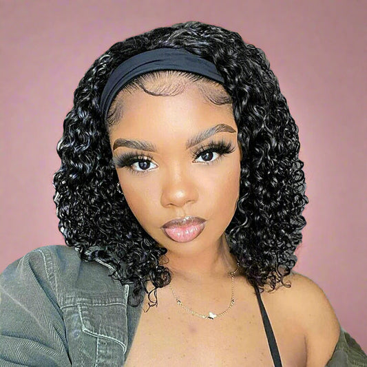 12" Deep Wave Headband Wig – 100% Brazilian Virgin Human Hair, Glueless Curly Half Wig, Natural Color for Black Women