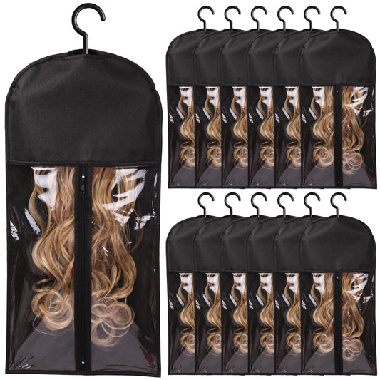 12PCS Wig Storage Bags with Hangers - Dustproof & Waterproof Hair Extension Holders for Wigs, Extensions & Accessories (Black)