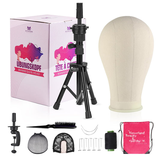 23 Inch Canvas Wig Head with Tripod Stand – Complete Wig Making & Styling Set (White)