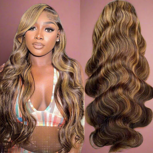 28 Inch Ombre Lace Front Wig – 13x6 HD Body Wave Highlight Wig, 180% Density, Pre-Plucked Honey Blonde Human Hair, Glueless Lace Frontal with Baby Hair