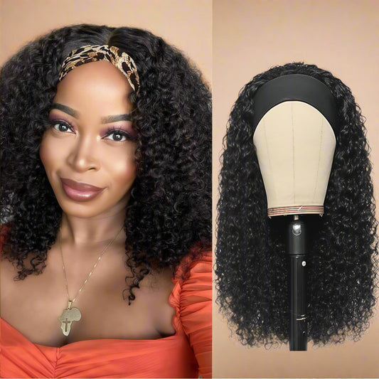 16" Curly Headband Wig – 100% Brazilian Human Hair, Glueless, 150% Density, Natural Black – Easy Wear & Go Wig for Black Women